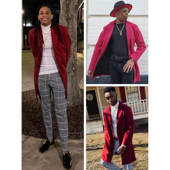 Mens Wine red Wool Blend Trench Coat Notch Lapel Camel Peacoats Winter Overcoat - Picture 4 of 8